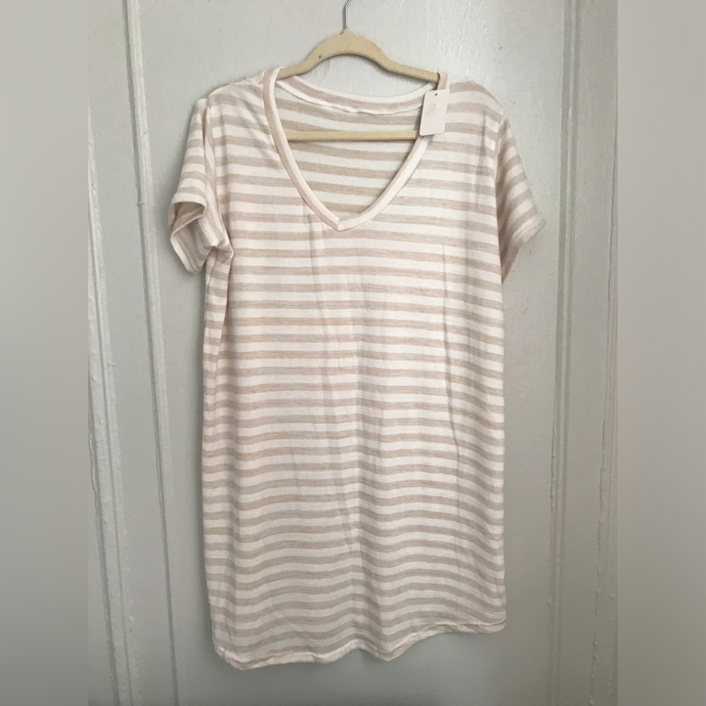 New Ivory Striped Knee Length Short Sleeve T-Shirt Dress Size XL